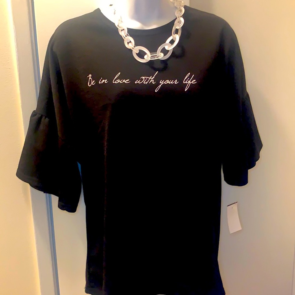 Be in love with your life black top with flutter sleeves scoop neck tee L